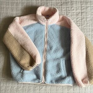 Old Navy Soft Pink Blue Tan Sherpa Jacket; so cozy and cute! Size Girls L, 10-12